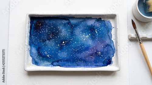 Watercolor palette painted as starry night sky, symbolizing creativity, wonder, and cosmic inspiration.