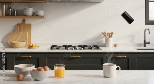 Modern kitchen interior featuring breakfast ingredients on marble countertop and floating smartphone