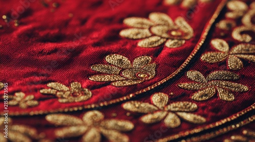 Detailed view of red fabric with gold flower embroidery in a textile workshop during daylight hours