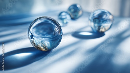 Glass spheres placed on a surface with soft shadows and blue tones in a bright setting