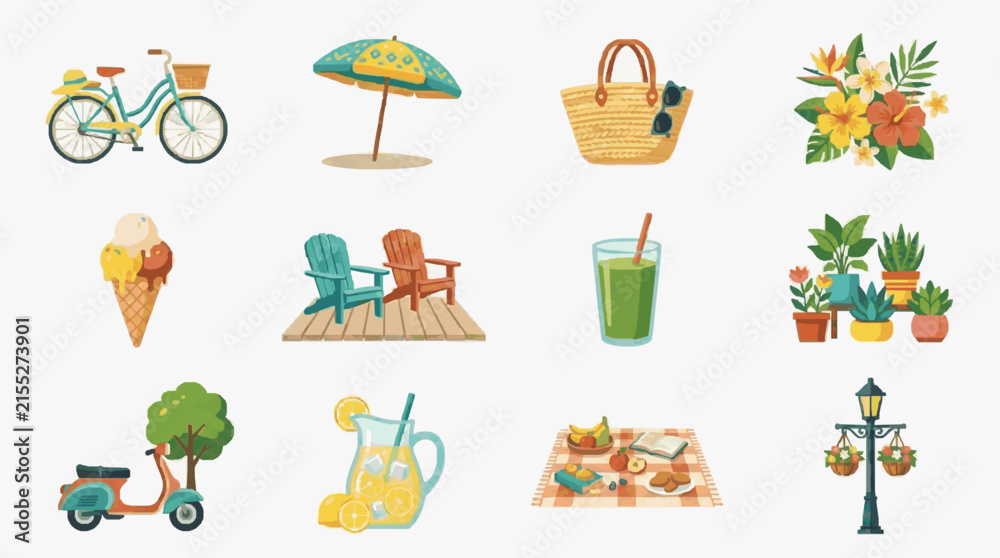 Naklejka premium Modern Colorful Summer Lifestyle Icons Set with Bicycle Umbrella Picnic Plants and Refreshments