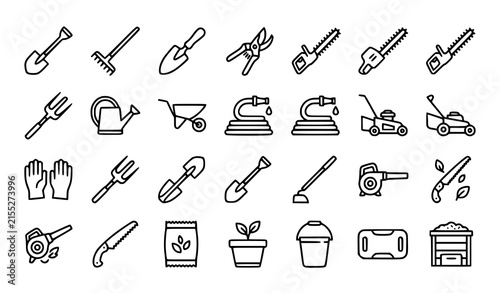 Set of hand drawn gardening tools and equipment icons for landscaping and farming vector illustration collection