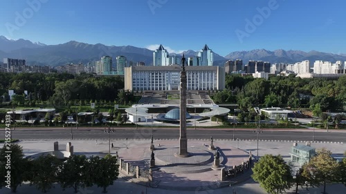 View from a quadcopper of Republic Square and the Akimat (City Hall) of the Kazakh city of Almaty on an summer morning