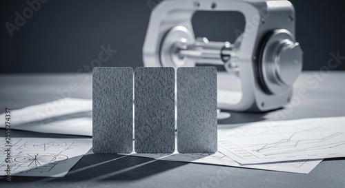 Three vertical textured grey cards standing on a drafting desk with blueprints and a mechanical device