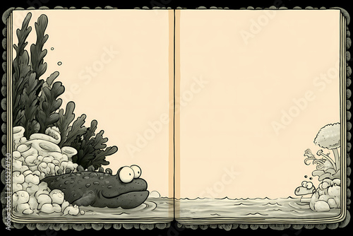 Cute cartoon frog sitting by the coral reef for children's book