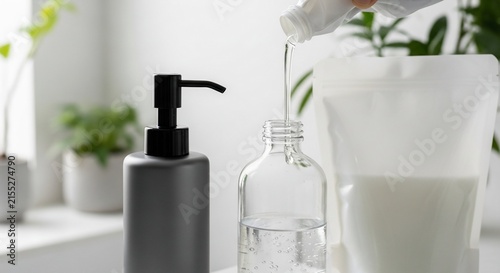 Person pouring transparent liquid soap refill into a clear glass bottle indoors