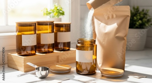 Pouring white powder from a paper pouch into an amber glass jar in a kitchen