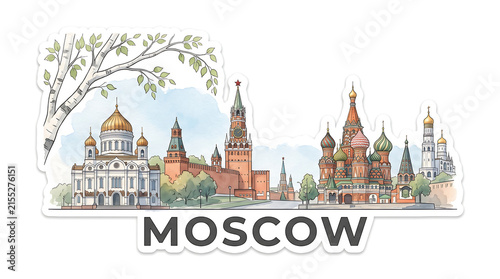 Moscow skyline, watercolor sticker, pastel blue tones, travel concept