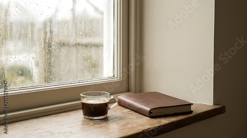 Cozy Hot Coffee and Leather Notebook on a Wooden Window Sill During a Rainy Day