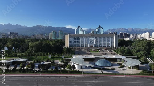 View from a quadcopper of Republic Square and the Akimat (City Hall) of the Kazakh city of Almaty on an summer morning