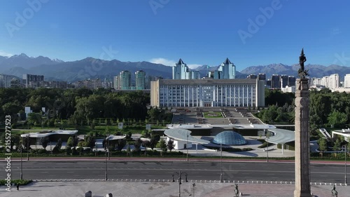View from a quadcopper of Republic Square and the Akimat (City Hall) of the Kazakh city of Almaty on an summer morning