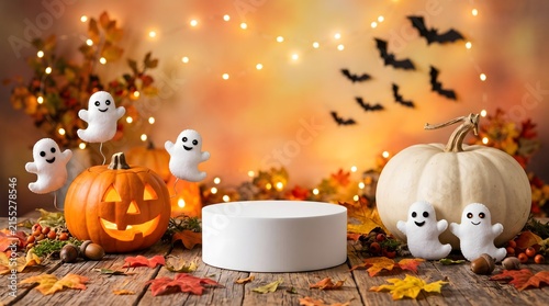 Halloween product podium with ghost figurines and bats halloween pumpkins platform seasonal