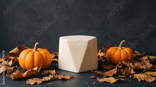 Minimalist geometric block podium surrounded by small pumpkins and dry autumn leaves on dark surface