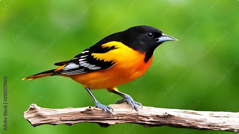 Fototapeta premium Bright yellow and black American redstart bird perched on natural branch in lush green forest