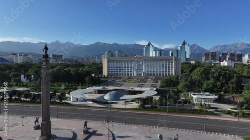 View from a quadcopper of Republic Square and the Akimat (City Hall) of the Kazakh city of Almaty on an summer morning
