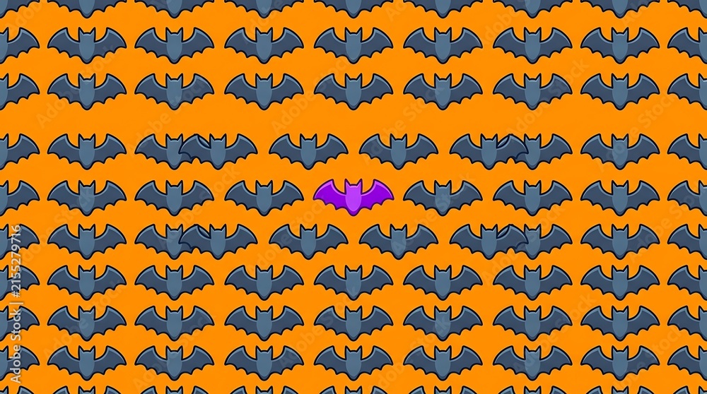 Seamless pattern featuring many dark blue bats on a bright orange background for a fun halloween holiday design