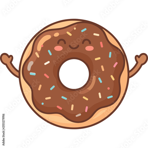 Kawaii Chocolate Donut Character: A cute and cheerful chocolate-frosted donut with colorful sprinkles and rosy cheeks, depicted as a cartoon character with smiling eyes and welcoming arms.