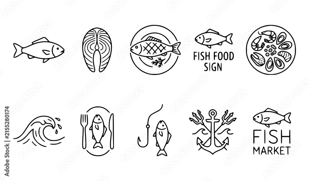 Fototapeta premium Minimal fish and seafood line icons featuring ocean waves food dishes and marine symbols