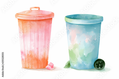 Colorful Watercolor Trash Cans for Waste Disposal on White Background