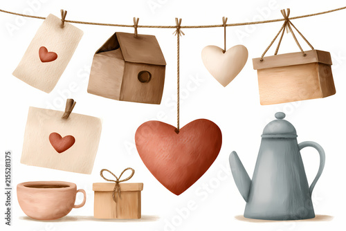 Hand drawn heart decorations hanging for home decor on white background