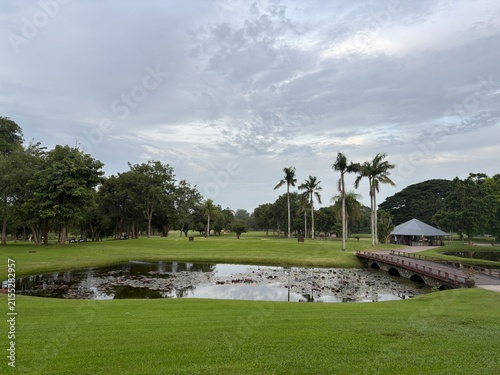 Foto Tropical golf course with lotus pond, palm trees and wooden bridge in Thailand
