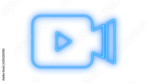 Colorful neon video camera icon with a play button symbol for digital multimedia streaming recording and movie broadcasting isolated on transparent background.
