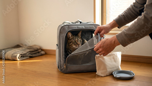 窓辺でペットキャリーの中の猫を手で確認するクローズアップ