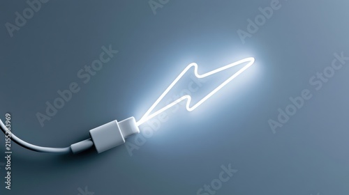 A lightning bolt symbol formed by a glowing white electric cord against a dark background, symbolizing power and energy