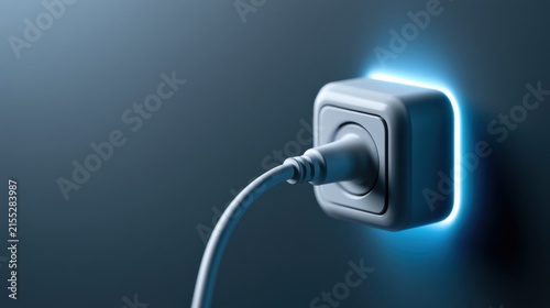 A white electrical plug glowing with blue light as it is plugged into a wall socket