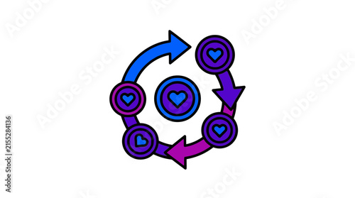 Circular arrow motif with heart icons for charity cycle.