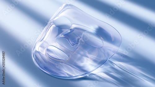 Transparent abstract glass object with light refractions and reflections on a blue gradient background