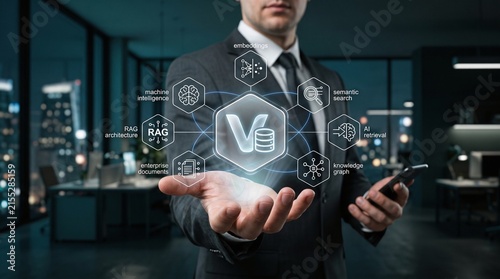 Obraz na płótnie Data scientist holding a holographic RAG architecture and vector database search dashboard.