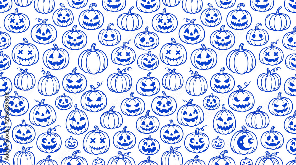 Seamless pattern with blue handdrawn jackolantern pumpkins on white background, halloween festive background, vector illustration