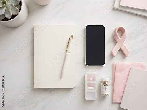 Overhead view of medical supplies, notebook, and pink ribbon on a marble table, breast cancer awareness theme.
