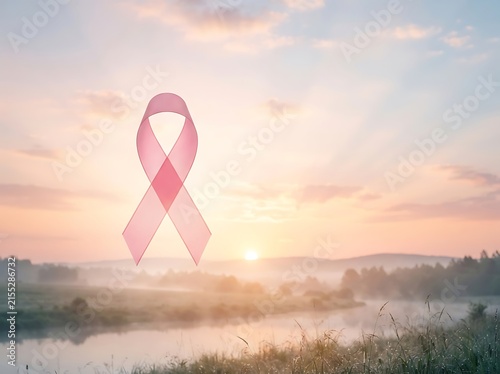 Pink ribbon against sunrise sky over tranquil river, symbolizing breast cancer awareness hope and support.