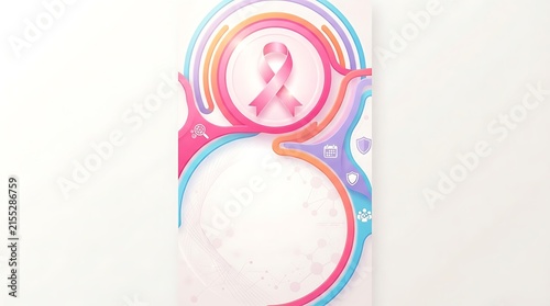 Pink ribbon within abstract circular frame, surrounded by medical icons and futuristic design elements, symbolizing healthcare.