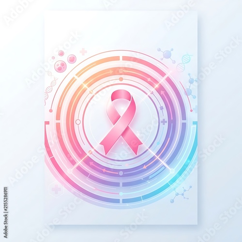Medical poster template for breast cancer awareness featuring a pink ribbon surrounded by colorful health icons.