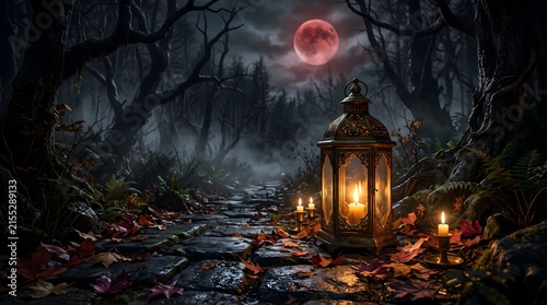 Glowing lanterns illuminate a dark misty forest path under a mysterious red moon at night