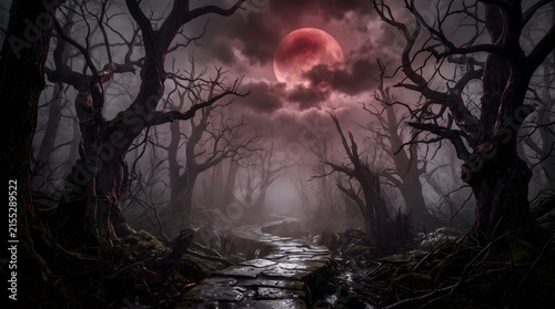 Eerie dark forest landscape with a glowing red moon shining through thick fog and twisted bare trees