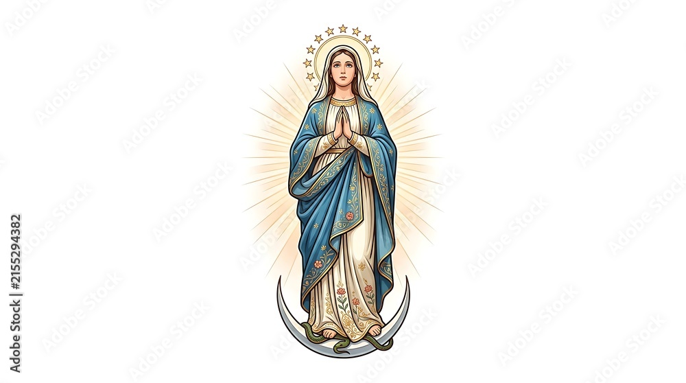 Fototapeta premium Virgin Mary and Jesus Statue Religious Sculpture in Marble Stone, Sacred Madonna Figure and Holy Christian Artwork in Ancient Church Architecture, Symbol of Faith and History