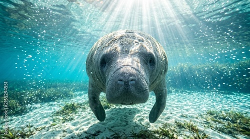 Front facing of Sea Cow Gliding Sandy Bottom Under Sunbeams Underwater Photography. Generative AI