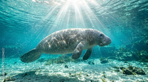 Florida Sea Cow Gliding Above Sandy Bottom Under Sunbeams Underwater Photography. Generative AI