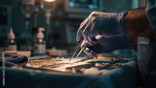 Surgeon hands in medical gloves performing surgery in operating theater with operating hospital procedure
