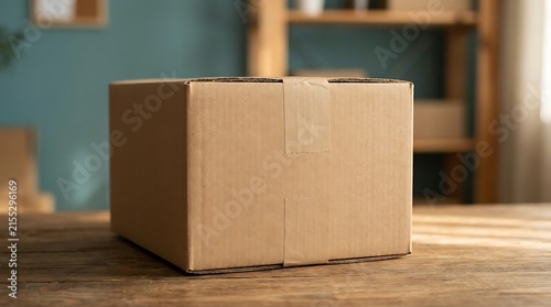 A single plain brown cardboard box sits prominently on a rustic wooden table, taped shut and ready for shipping or delivery, symbolizing new beginnings, an important arrival, or a retail fulfillment