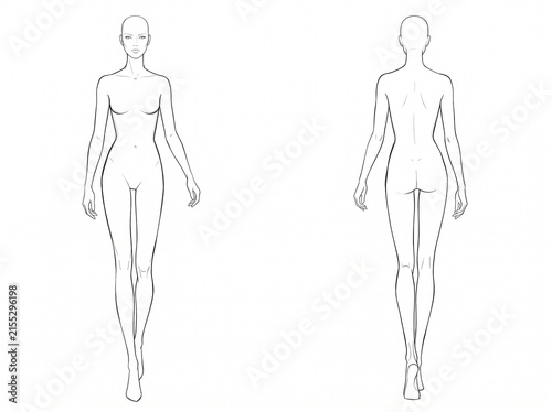 Standing Female Model Figure Front and Back View Fashion Croquis Technical Line Art Vector Sketch