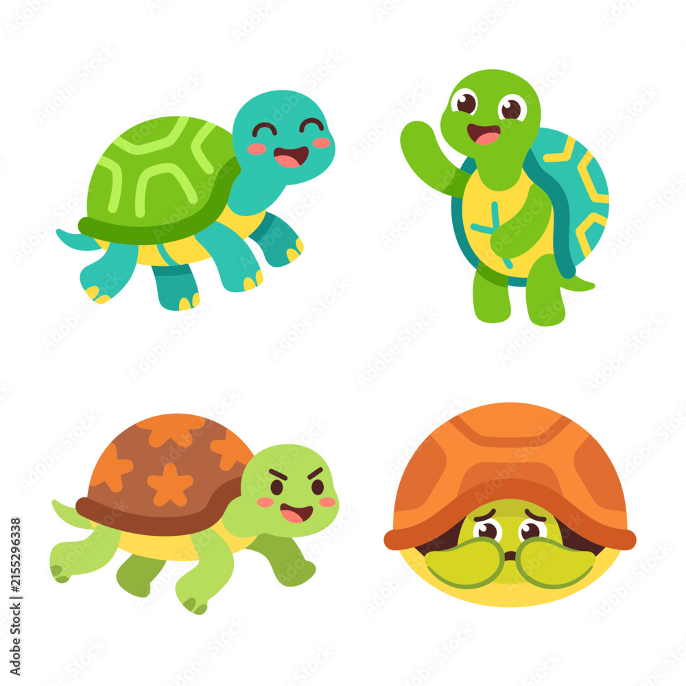 Obraz premium Flat vector illustration set of cute turtle tortoise animal characters