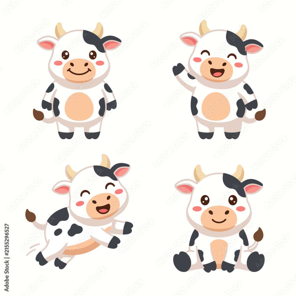 Fototapeta premium Flat vector illustration set of cute spotted cow animal characters