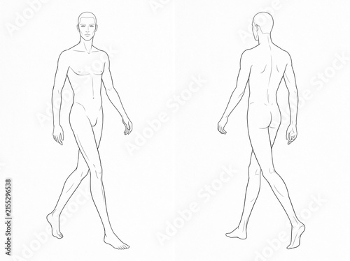 Male Fashion Model Walking Poses Front and Back View Vector Line Art Technical Croquis Template