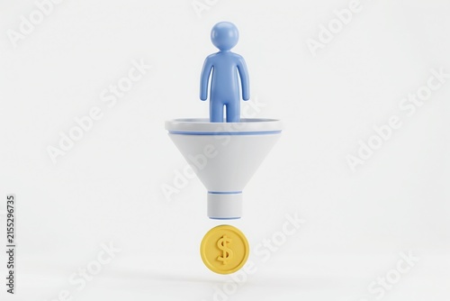 3D render of person figure being converted into financial success concept with funnel and golden coin, business