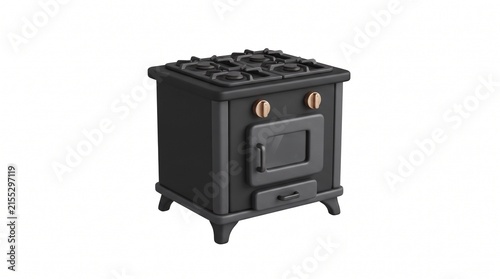 Antique black cast iron stove with oven and burners isolated on white background